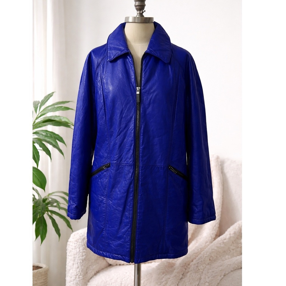 Wilsons Leather Limited Editions Cobalt Blue Zip Front Longline Jacket Womens XL